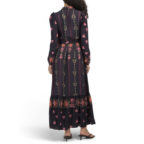 CELINA MOON Navy Floral Long Sleeve Floral Maxi Dress With Belt - Picture 2 of 2